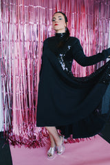 long sleeve cotton mock neck dress knee length with sequins vintage 1980's