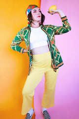 stretchy polyester yellow flare pants with white polka dots vintage women's 1970's