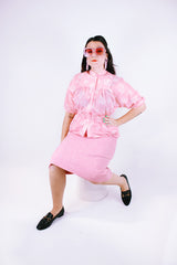 short sleeve baby pink button up blouse with white floral and mandarin collar cinched waist vintage 1970's