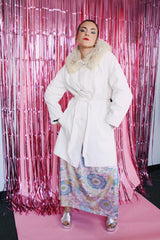 long sleeve long white leather button up coat with fur trim around neck vintage 1970's