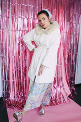 long sleeve long white leather button up coat with fur trim around neck vintage 1970's