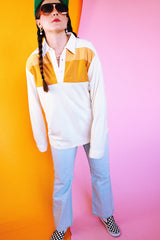 long sleeve half button white fleece collared shirt with two stripes across chest vintage 1970's
