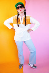 long sleeve half button white fleece collared shirt with two stripes across chest vintage 1970's