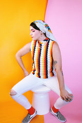 sleeveless mock neck polyester chevron print vintage 1970's blouse in white orange navy yellow