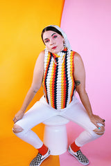 sleeveless mock neck polyester chevron print vintage 1970's blouse in white orange navy yellow