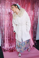 long sleeve long white leather button up coat with fur trim around neck vintage 1970's