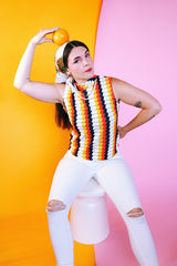 sleeveless mock neck polyester chevron print vintage 1970's blouse in white orange navy yellow