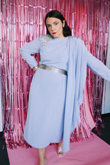 long sleeve purple midi length dress with one sequined shoulder and one shoulder with attached cape vintage 1980's