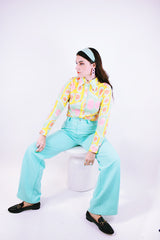 long sleeve button up blouse with collar in a pastel print vintage 1970's