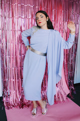 long sleeve purple midi length dress with one sequined shoulder and one shoulder with attached cape vintage 1980's