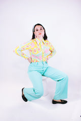 long sleeve button up blouse with collar in a pastel print vintage 1970's