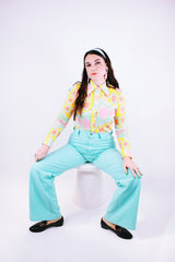 long sleeve button up blouse with collar in a pastel print vintage 1970's