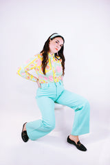 long sleeve button up blouse with collar in a pastel print vintage 1970's