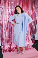 long sleeve purple midi length dress with one sequined shoulder and one shoulder with attached cape vintage 1980's