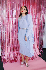 long sleeve purple midi length dress with one sequined shoulder and one shoulder with attached cape vintage 1980's