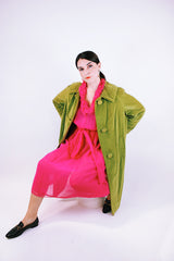 long sleeve sheer hot pink midi dress with tie waist and ruffled neckline and cuffs vintage 1970's