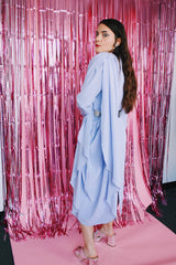 long sleeve purple midi length dress with one sequined shoulder and one shoulder with attached cape vintage 1980's