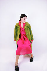 long sleeve sheer hot pink midi dress with tie waist and ruffled neckline and cuffs vintage 1970's