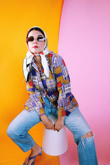 long sleeve button up collared blouse in a multicolored patchwork print women's vintage 1970's cotton