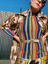 long sleeve mock neck top in green orange and blue vertical stripes vintage women's 1960's