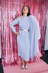 long sleeve purple midi length dress with one sequined shoulder and one shoulder with attached cape vintage 1980's