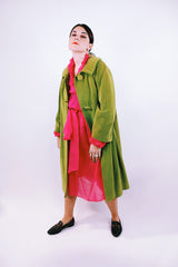 long sleeve pea green velvet tent coat with pockets and three button closure women's vintage 1950's