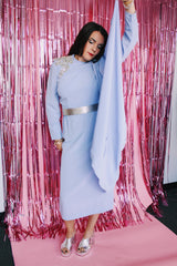 long sleeve purple midi length dress with one sequined shoulder and one shoulder with attached cape vintage 1980's