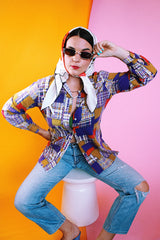 long sleeve button up collared blouse in a multicolored patchwork print women's vintage 1970's cotton