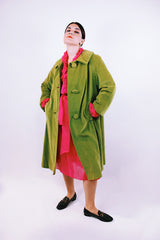 long sleeve pea green velvet tent coat with pockets and three button closure women's vintage 1950's