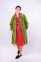 long sleeve pea green velvet tent coat with pockets and three button closure women's vintage 1950's