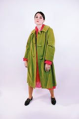 long sleeve pea green velvet tent coat with pockets and three button closure women's vintage 1950's