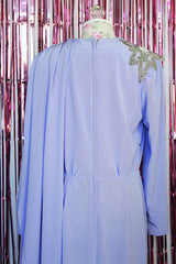 long sleeve purple midi length dress with one sequined shoulder and one shoulder with attached cape vintage 1980's