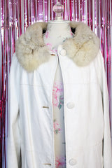 long sleeve long white leather button up coat with fur trim around neck vintage 1970's