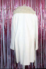 long sleeve long white leather button up coat with fur trim around neck vintage 1970's