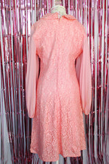 long pleated sheer sleeved knee length lace body dress with collar and bow vintage 1960's