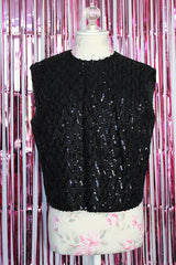 sleeveless black sequined top that buttons on the back cropped fit vintage women's 1960's