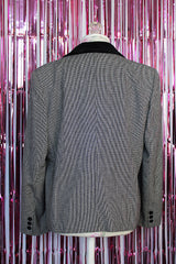 long sleeve black and white checkered wool blazer with velvet trim vintage 1980's