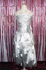 strapless silver metallic dress with two tier skirt and ruched bodice vintage 1980's