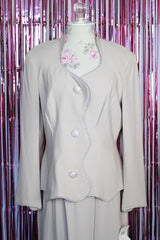 long sleeve light tan blazer and matching knee length pencil skirt with silver rhinestone trim vintage set 1980's
