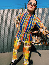 long sleeve mock neck top in green orange and blue vertical stripes vintage women's 1960's