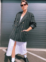 long sleeve black blazer with red pin striped double breasted vintage 1970's