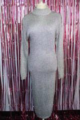 long sleeve mock neck midi length silver metallic grey dress bodycon vintage 1980's