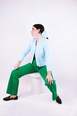 long sleeve baby blue crochet button up cardigan 1960's women's vintage