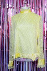 long sleeve yellow lace blouse with mock neck and ribbon trim vintage 1960's