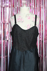 sleeveless lace trim black knee length slip dress vintage 1950's
