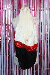 halter neck bodysuit with all over sequins that looks like a tuxedo vintage 1970's