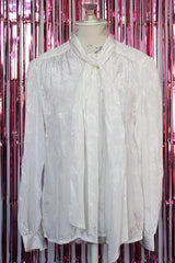 long sleeve white button up blouse with attached tie neck vintage 1980's