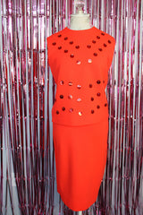 sleeveless acrylic coral orange top with all over sequins with matching pencil skirt vintage 1960's