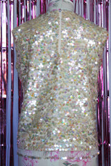 sleeveless cream wool blouse top with all over sequins vintage 1960's