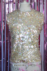 sleeveless cream wool blouse top with all over sequins vintage 1960's